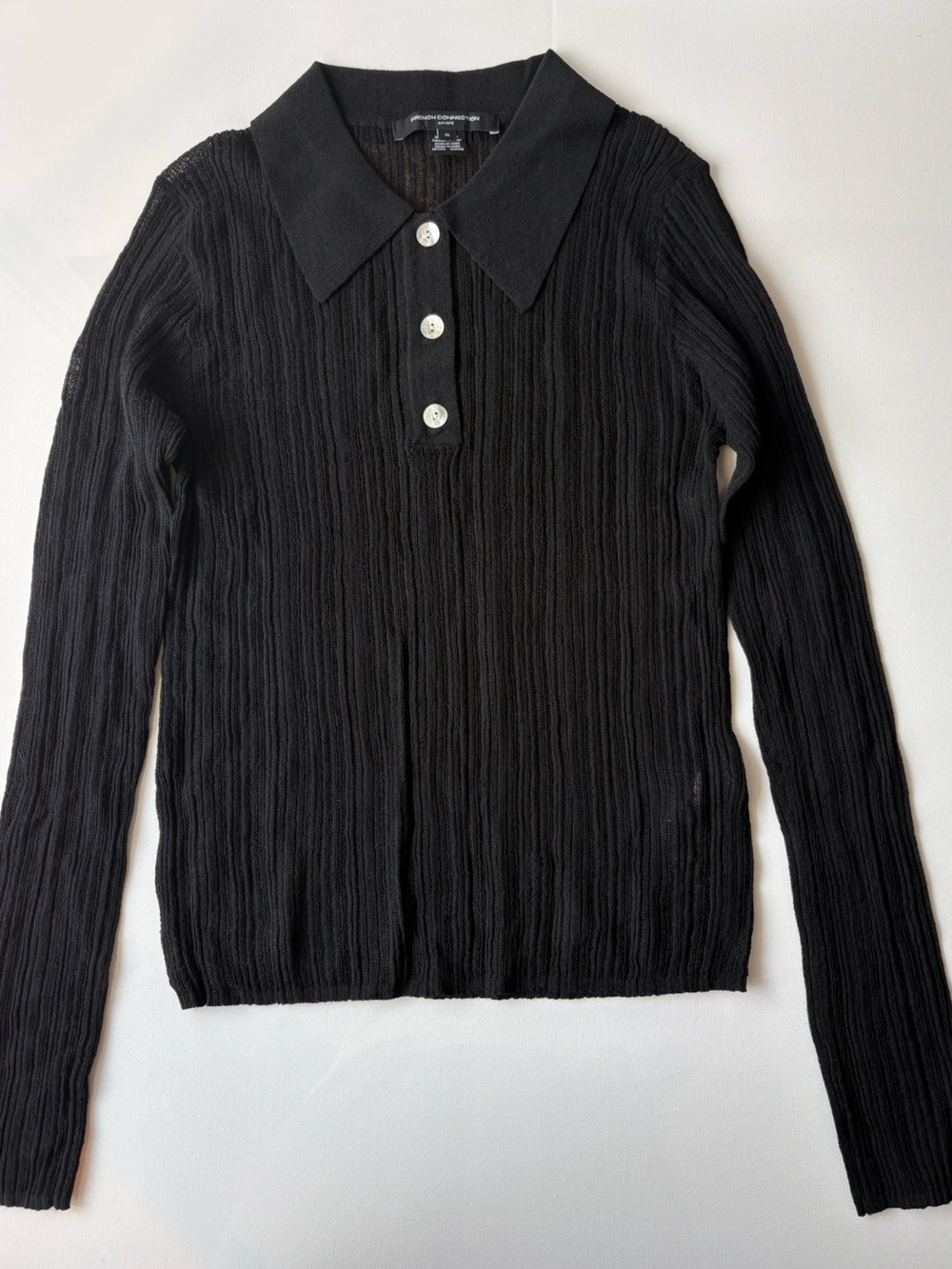 French Connection Black Textured Knit Polo Sweater